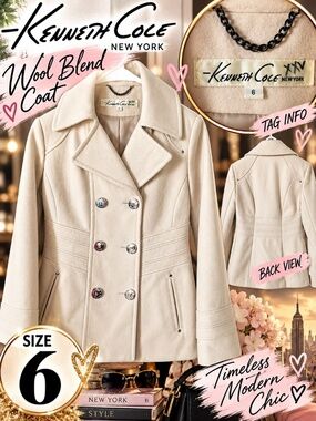 Kenneth Cole New York Ivory Double Breasted Peacoat Jacket Size 6